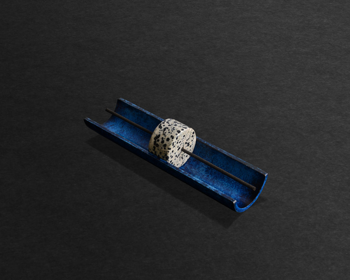 Circa Azure patina incense burner, Dalmatian Stone mineral disc