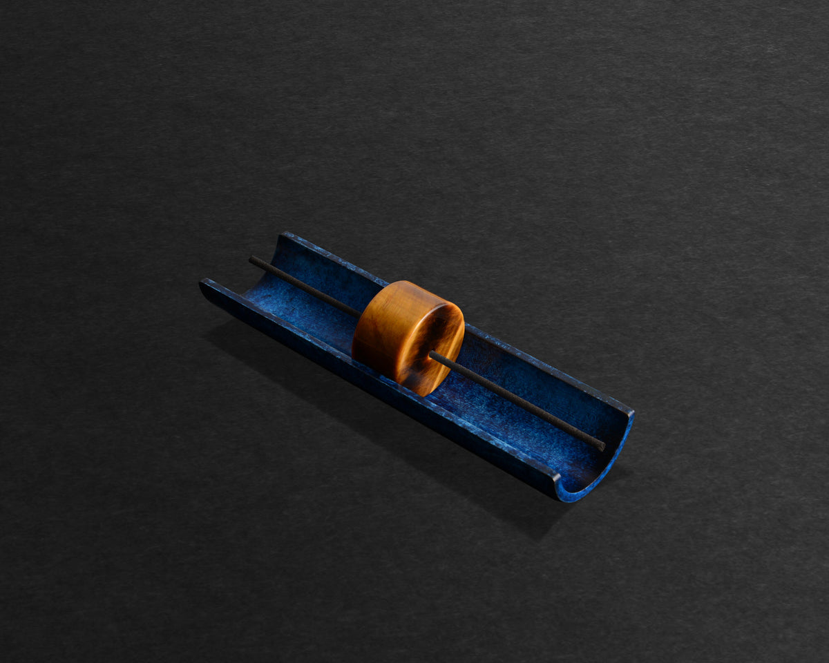 Circa Azure patina incense burner, Tiger's Eye mineral disc