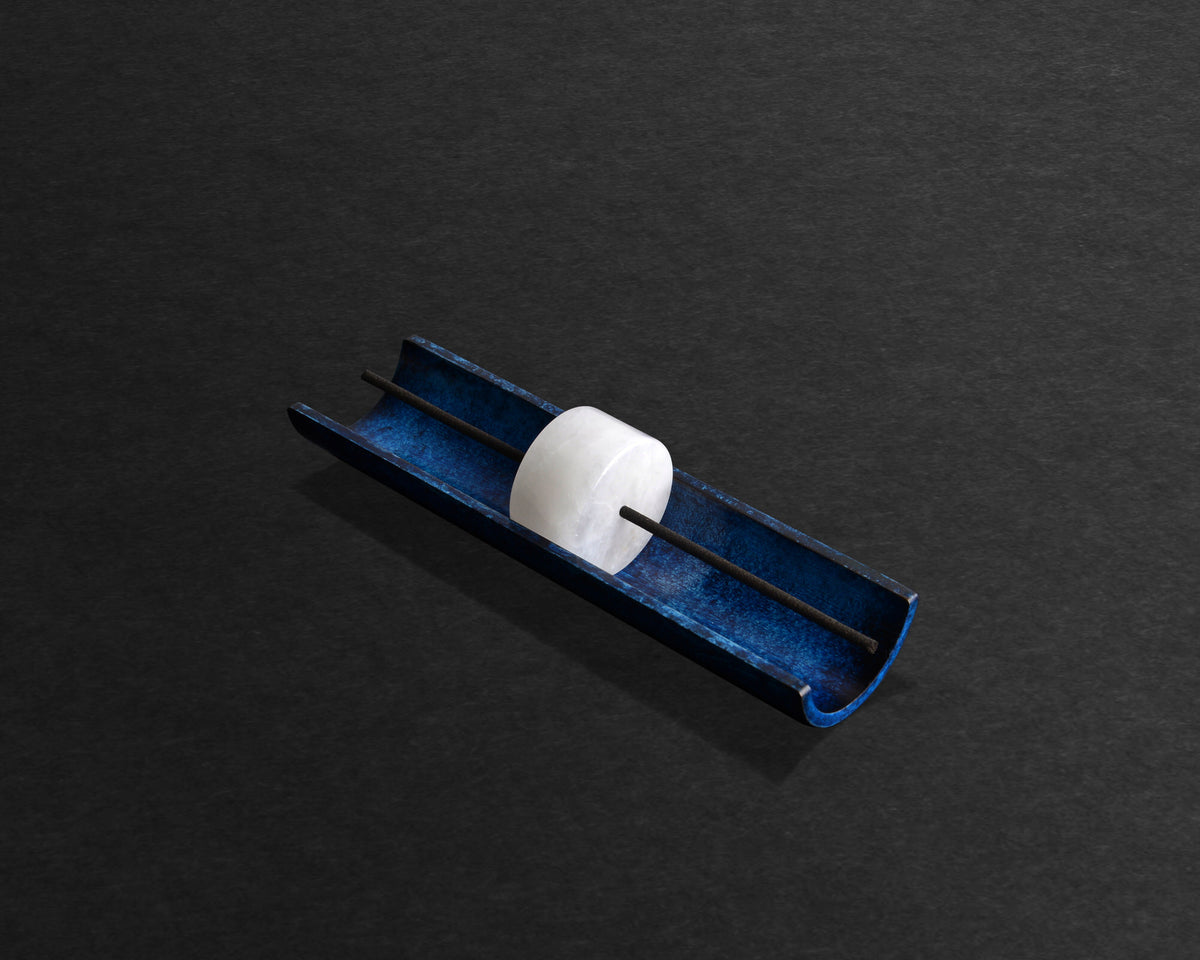 Circa incense burner in Azure patina finish by Cinnamon Projects — White Jade mineral disc, gift ready in a foil-stamped paper box
